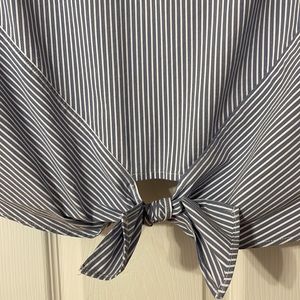 J Jill sky blue and white vertical strip top with slimming V tie front detail